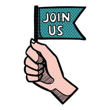 El ele tutuşan küçük bayrak ile metin yarım ton renk vektör çizimine katılın