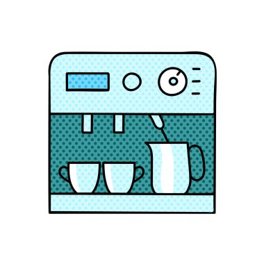 Kahve makinesi fincanı, portatif filtre, süt köpüklü yarım tonlu el çizimi renk vektörü çizimi