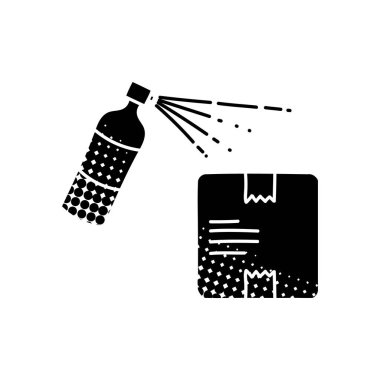Paket ve dezenfektan sprey siyah el simgesi yarım ton desen biçiminde çizilmiş