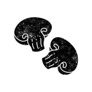 Dilimlenmiş mantar, grunge görünümlü siyah el resmi.