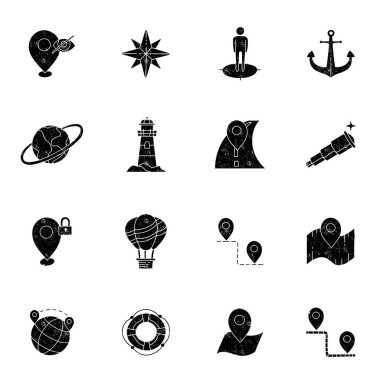 siyah grunge desenli el çizimi ulaşım simgesi seti