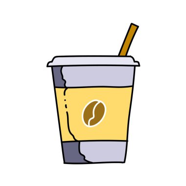 Kahve, plastik bardak ve saman elle çizilmiş renk çizimi.