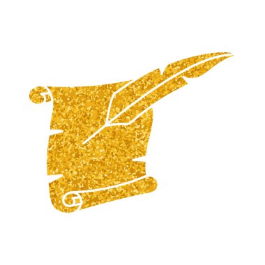 Eski parşömen ve kuş tüyü mürekkep kaleminin altın rengi çizimi