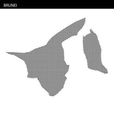 Brunei 'nin coğrafi şeklini ve boyutlarını boş bir arkaplan karşısında vurgulayan nokta desenli haritası.