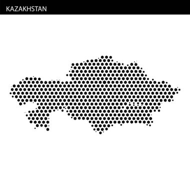 Kazakistan haritasının noktalı bir temsili, ülkenin geniş alanının altını çizerek coğrafi şeklini ve sınırlarını gösteriyor.