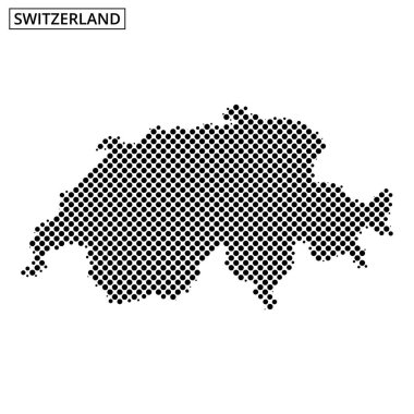 İsviçre 'nin noktalı bir temsili, ülkenin Avrupa' daki eşsiz şeklini ve konumunu vurgulayarak ülkenin coğrafi anahatlarını gösteriyor.