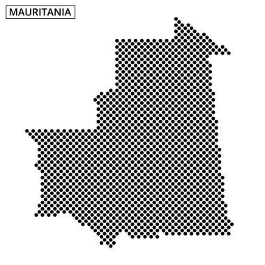 Bu yaratıcı tasvir, Moritanya 'nın eşsiz coğrafi şeklini basit bir arkaplanda vurgulayan noktalı bir haritasını içeriyor..