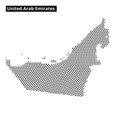 Ülke şeklini ve özelliklerini gösteren noktalı bir desen kullanılarak Birleşik Arap Emirlikleri haritasının yaratıcı bir temsili.