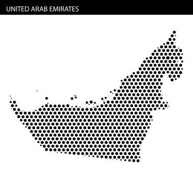 Ülke şeklini ve özelliklerini gösteren noktalı bir desen kullanılarak Birleşik Arap Emirlikleri haritasının yaratıcı bir temsili.