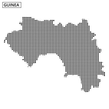 Bu görsel, Gine 'nin noktalı bir haritasını gösterir, coğrafi düzenini ve hatlarını minimalist tarzda gösterir.