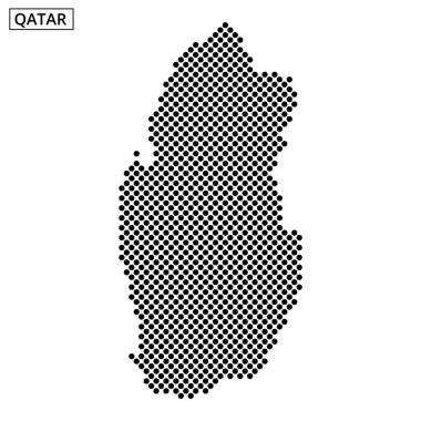 Katar 'ın ana hatları, dokulu bir arkaplan karşısında noktalı bir desen ile temsil ediliyor, coğrafi şeklini yaratıcı bir şekilde vurguluyor..