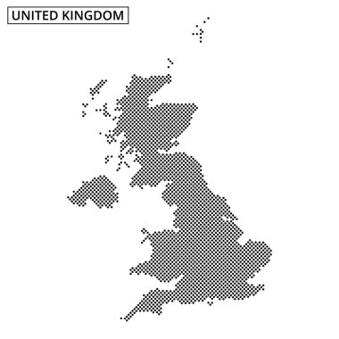 Birleşik Krallık 'ın noktalı haritası, eşsiz özelliklerini vurgulayarak, düz beyaz bir arkaplanda coğrafi şeklini gösterir..