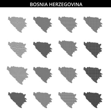 Bosna-Hersek 'in coğrafi şeklini vurgulayan biçimlendirilmiş nokta desenli haritası.