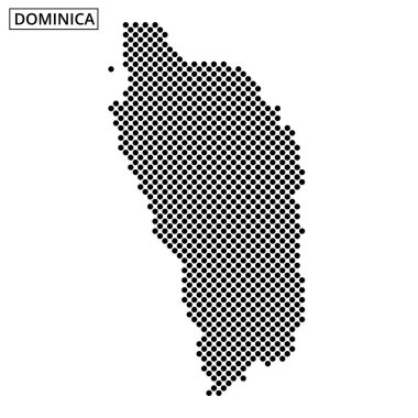Dominica 'nın ana hatlarının ayrıntılı bir temsili, adanın şeklinin vurgulandığı açık bir zemin üzerinde küçük siyah kareler kullanılarak oluşturuldu..