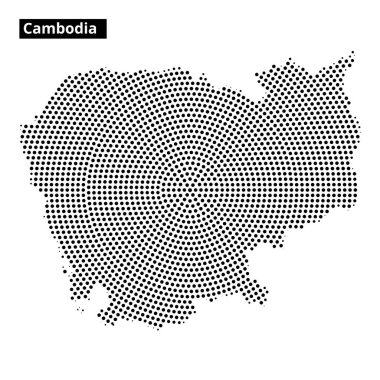Bu illüstrasyon, Kamboçya 'nın coğrafi ana hatlarını ve özelliklerini eşsiz bir sanatsal stil ile vurgulayan bir nokta gösterimi sunar..