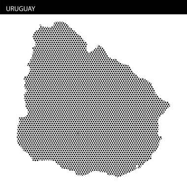 Uruguay 'ın harita hatlarının sanatsal bir temsili, karmaşık nokta desenleri ve dokularıyla coğrafi özellikleri vurguluyor..