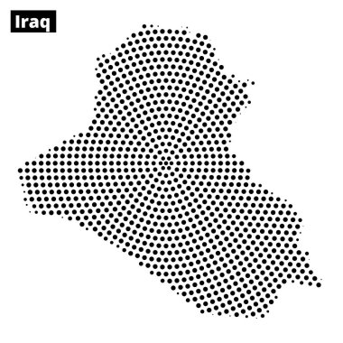 Irak 'ın ayrıntılı noktalı haritası ülkenin ana hatlarını tek renkli bir tasarım ile gösteriyor. Eserde coğrafi özellikler vurgulanıyor.