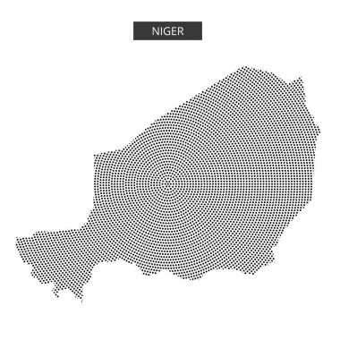 Nijer 'in noktalı bir temsili ülkenin şekil ve coğrafi özelliklerini siyah ve beyaz olarak sergiliyor.