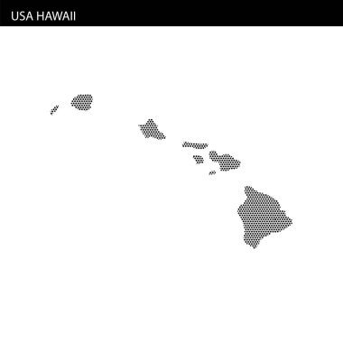 Bu görsel, Hawaii 'nin adaların coğrafi yerleşimini gösteren noktalı bir haritasını gösteriyor..