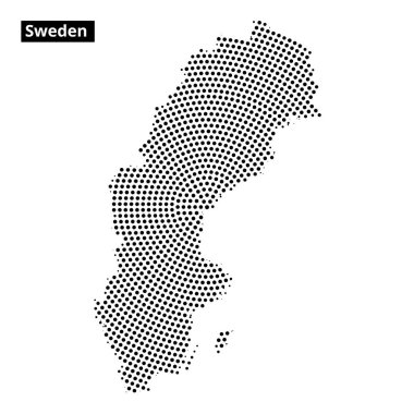 İsveç haritası noktalı bir tasarım kullanılarak gösterilir, coğrafi şekli ve sınırları daha fazla detay verilmeden vurgulanır.