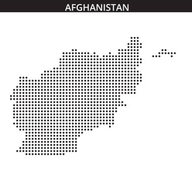 Afganistan haritası bir nokta deseni kullanılarak resmedilmiş, coğrafi hatları ve yakınlardaki ülkeleri gösteren, benzersiz şekli ve konumunu vurgulayan.