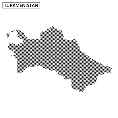 Türkmenistan 'ın ayırt edici ana hatları, ince dokuyla ülkenin coğrafi şeklini gösteren noktalı bir desen kullanılarak oluşturulmuştur..