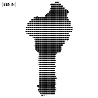 Benin 'in siyah noktalı bir çizgisi, ülkenin şeklini vurgulayan beyaz bir arka plan üzerine kuruludur. Benin ismi yukarıda belirgin bir şekilde gösterilir.