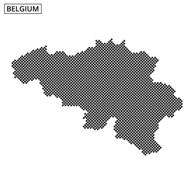 Belçika 'nın detaylı bir haritasında, coğrafi sınırlar ve özelliklerin vurgulandığı, eşsiz noktalı bir desen kullanılarak ülkenin şekli yer alıyor..