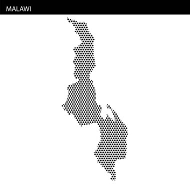 Malawi 'nin noktalı bir gösterimi yer alan bu harita, coğrafi sınırları ve gölün özelliklerini belirtir..