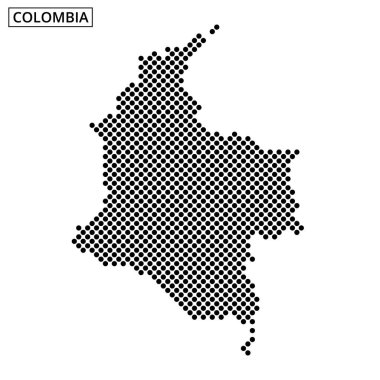 Kolombiya 'nın noktalı bir haritasında ülkenin coğrafi özellikleri ve düzenini gösteren kendine özgü dış hatları ve sınırları yer alıyor..
