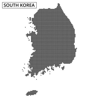 Güney Kore 'nin eşsiz şeklini düz bir arkaplanda gösteren noktalı haritası. Eğitim ve coğrafi öğrenim için ideal.