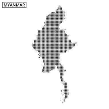 Myanmar 'ın eşsiz coğrafi hatlarını vurgulayan noktalı desenli haritasının net bir tasviri.