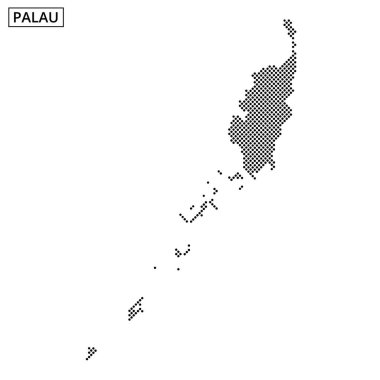 Noktalı gösterim Palau adalarını vurguluyor, coğrafi özelliklerini ve yerleşimini açıkça vurguluyor.