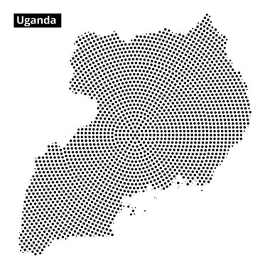 Uganda haritası, ülkenin coğrafi ana hatlarını ve kendine özgü şeklini gösteren noktalı bir desen çiziyor..