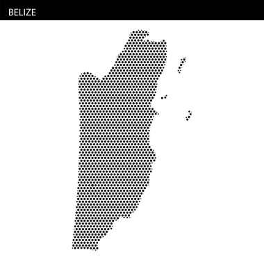 Belize haritasının coğrafi hatlarını ve kıyı bölgelerini vurgulayan siyah ve beyaz çizimi.