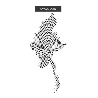 Myanmar 'ın eşsiz coğrafi hatlarını vurgulayan noktalı desenli haritasının net bir tasviri.