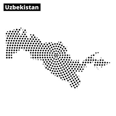 Özbekistan haritasının sanatsal temsili, ülkenin şeklini gösteren dokulu bir arka plana karşı belirlenmiş noktalı bir desen içeriyor.