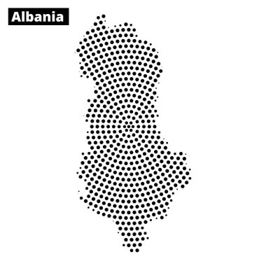 Arnavutluk 'un coğrafi planının yaratıcı bir nokta modeli tarzıyla ayrıntılı bir şekilde temsil edilmesi, ülkenin şeklini vurguluyor.