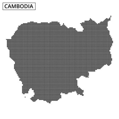 Bu illüstrasyon, Kamboçya 'nın coğrafi ana hatlarını ve özelliklerini eşsiz bir sanatsal stil ile vurgulayan bir nokta gösterimi sunar..
