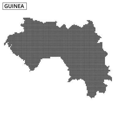 Bu görsel, Gine 'nin noktalı bir haritasını gösterir, coğrafi düzenini ve hatlarını minimalist tarzda gösterir.