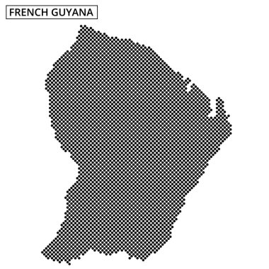 Bu illüstrasyon, Fransız Guyana 'sının eşsiz coğrafi hatlarını ve özelliklerini vurgulayan noktalı bir haritasını gösterir..