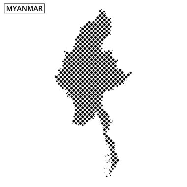 Myanmar 'ın eşsiz coğrafi hatlarını vurgulayan noktalı desenli haritasının net bir tasviri.