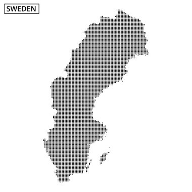 İsveç haritası noktalı bir tasarım kullanılarak gösterilir, coğrafi şekli ve sınırları daha fazla detay verilmeden vurgulanır.