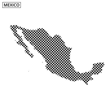 Meksika 'nın detaylı bir haritası noktalı desenler kullanılarak gösterilir, coğrafi şekli ve ana hatları açıkça gösterilir..