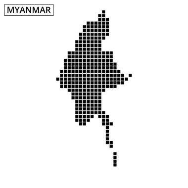 Myanmar 'ın eşsiz coğrafi hatlarını vurgulayan noktalı desenli haritasının net bir tasviri.
