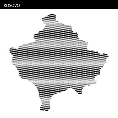 Kosova 'nın siyah ve beyaz ana hatları, coğrafi özellikler ve sanatsal tasarım sergilenen bir nokta deseniyle yaratıldı.