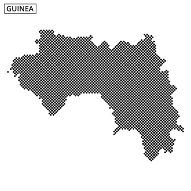 Bu görsel, Gine 'nin noktalı bir haritasını gösterir, coğrafi düzenini ve hatlarını minimalist tarzda gösterir.
