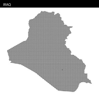 Irak 'ın ayrıntılı noktalı haritası ülkenin ana hatlarını tek renkli bir tasarım ile gösteriyor. Eserde coğrafi özellikler vurgulanıyor.