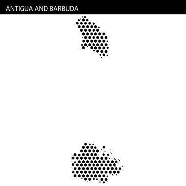 Antigua ve Barbuda 'nın siyah noktalarla ana hatlarını gösteren bir harita, Karayip adalarının coğrafyasını ve konumunu vurguluyor..
