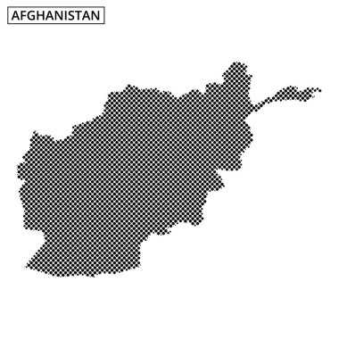 Afganistan haritası bir nokta deseni kullanılarak resmedilmiş, coğrafi hatları ve yakınlardaki ülkeleri gösteren, benzersiz şekli ve konumunu vurgulayan.